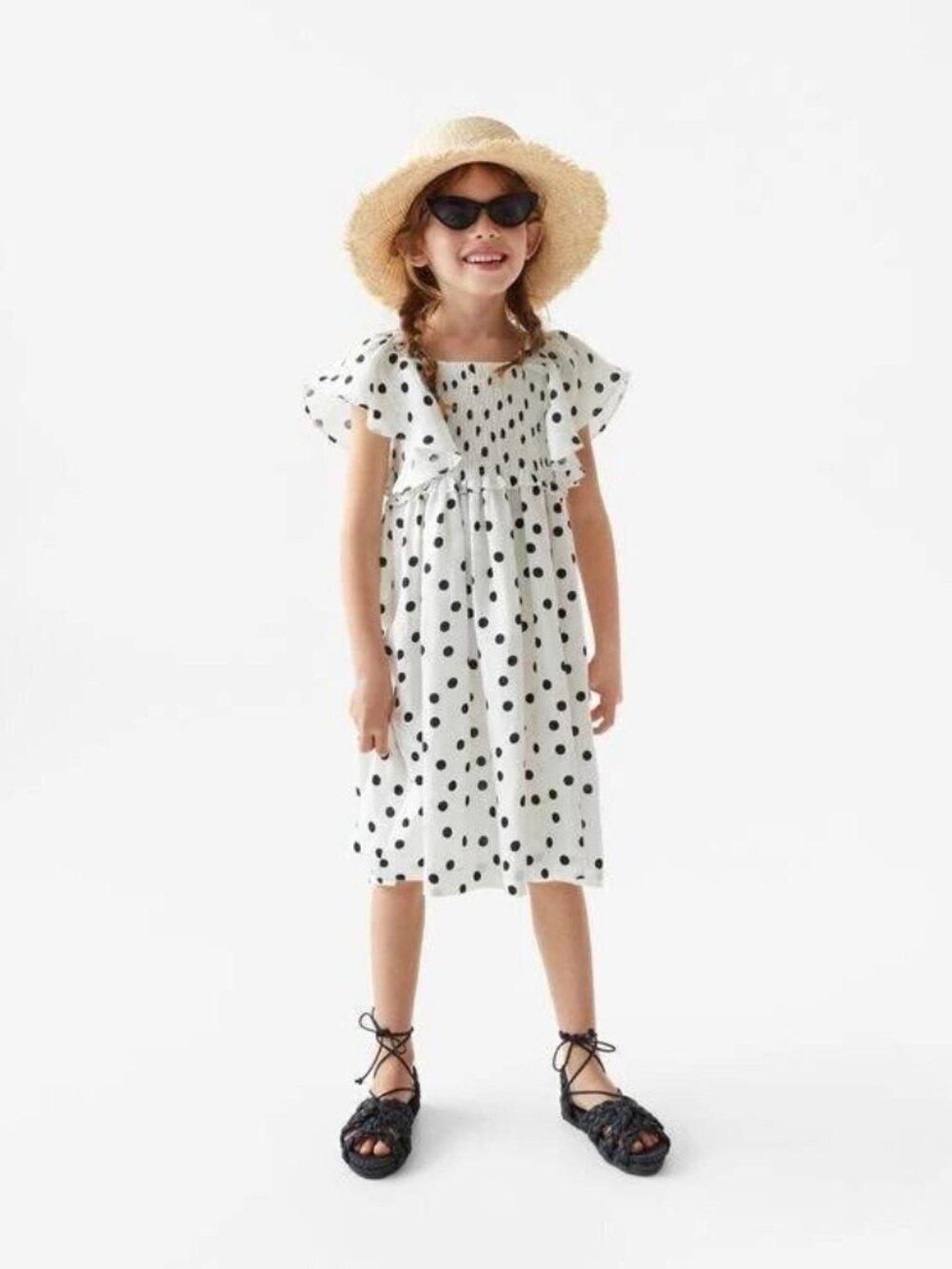 Zara Kids Girls Ruffled Polka Dot Linen Dress